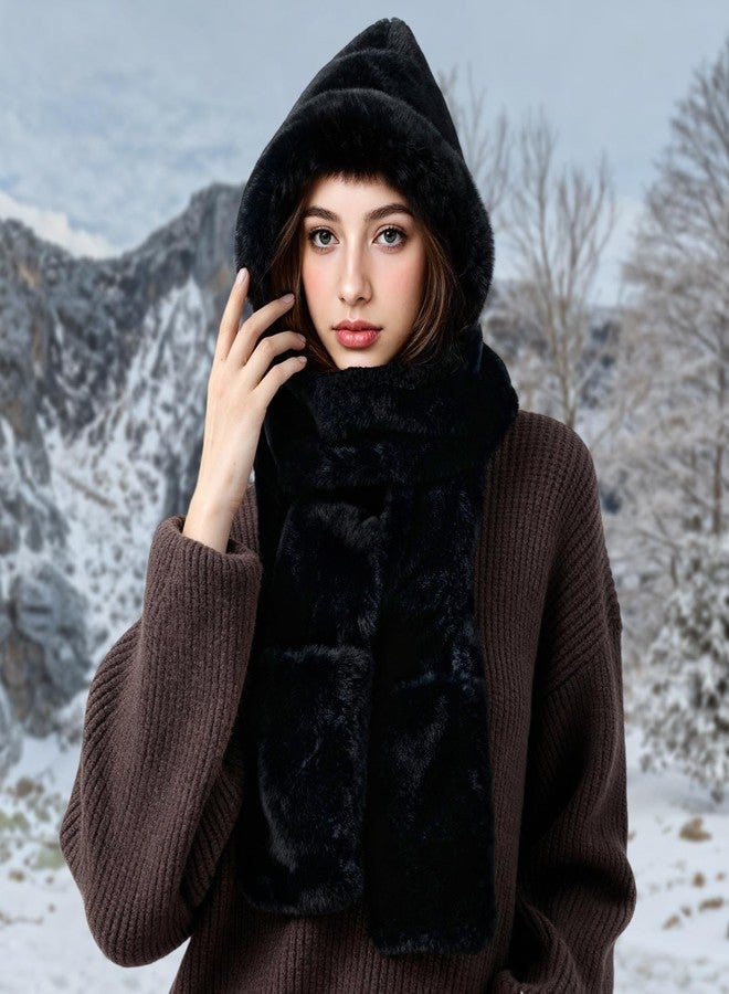 Premillow Winter Hat Scarf Gloves Set for Women, Warm 3-in-1 Hooded Scarf Hat Gloves Set with Pocket Mitts Stylish Cute Faux Fur Hats for Adults, Black - Image 2